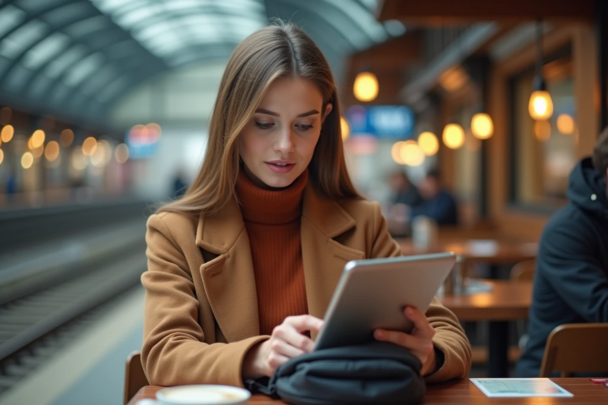 Jeune femme gérant son compte KIS SNCF sur tablette dans un café de gare