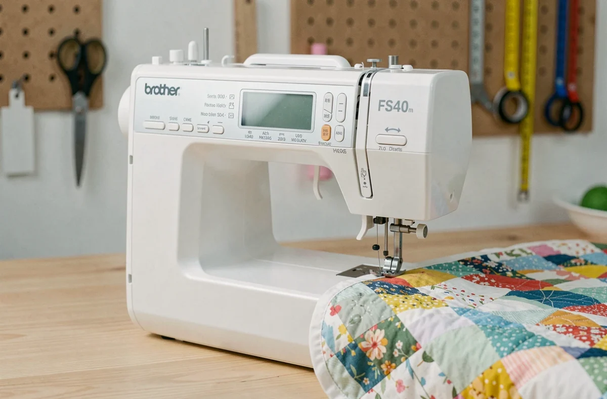 Gros plan sur le panneau de commande et l'aiguille de la machine à coudre Brother FS40