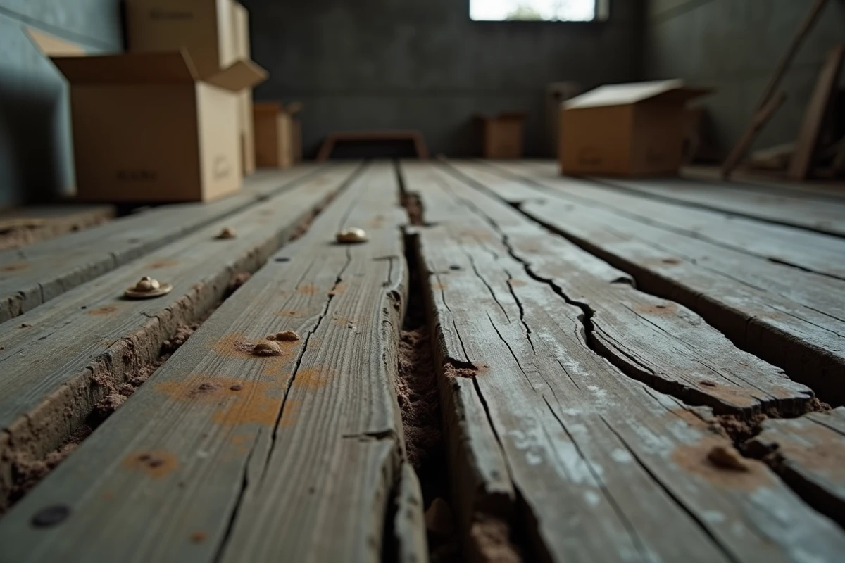 Gros plan sur un plancher en bois dégradé avec fissures profondes, affaissement et taches d'humidité indiquant un risque d'effondrement structurel