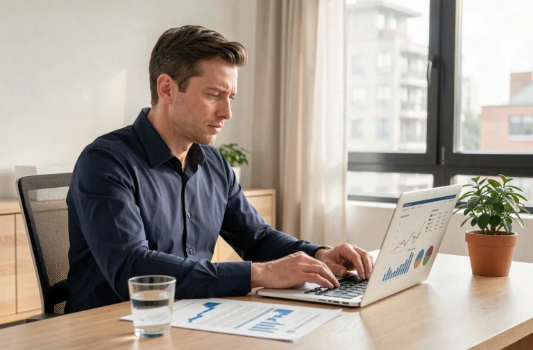 Homme analysant ses finances personnelles sur un ordinateur portable dans un bureau à domicile moderne en 2024