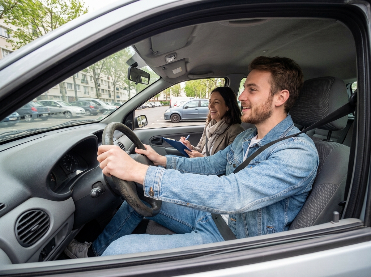 Jeune homme français au volant dans un parking urbain
