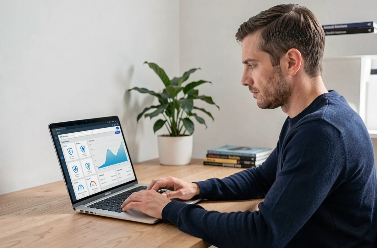 Homme utilisant un logiciel antivirus sur son ordinateur portable dans un bureau à domicile moderne