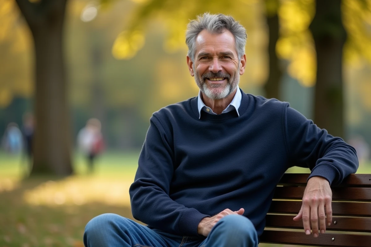 Homme souriant assis dans un parc ensoleille