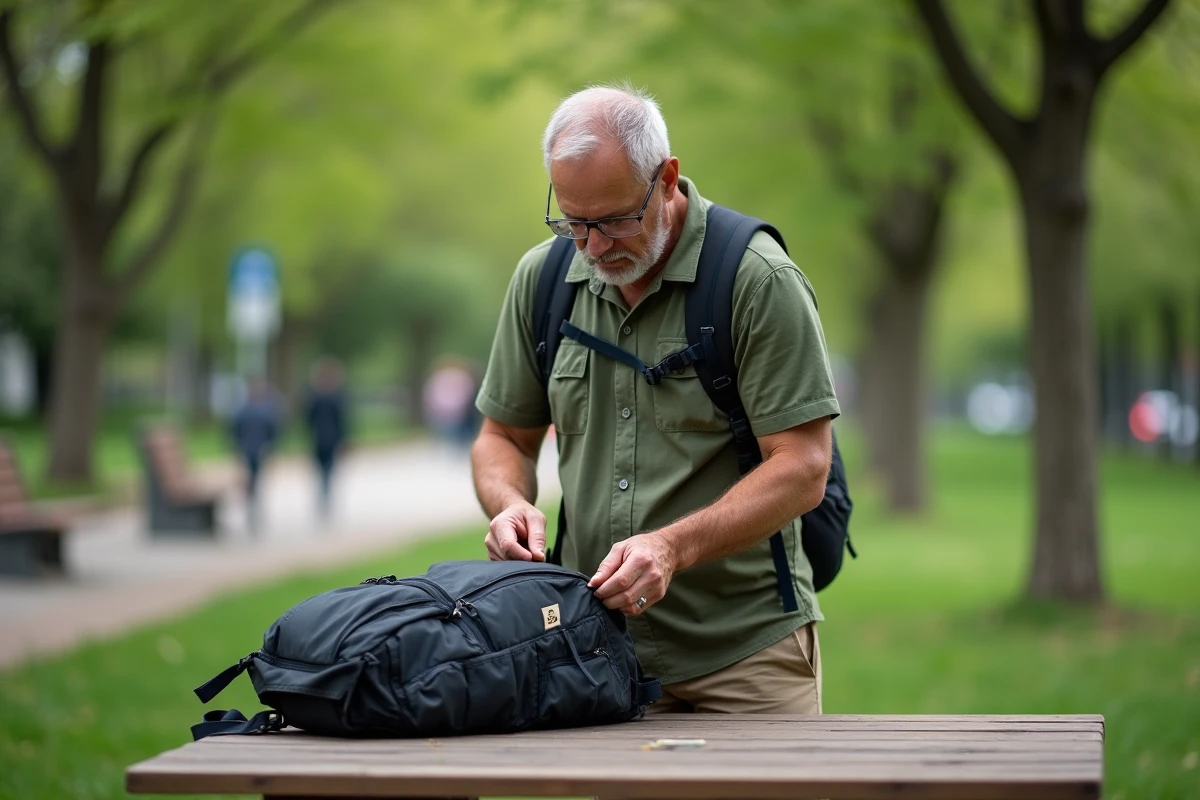 Homme inspecte un sac à dos dans un parc urbain