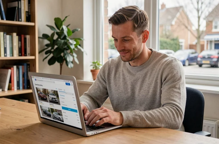 Homme consultant des annonces de voitures d'occasion sur un ordinateur portable dans un bureau à domicile