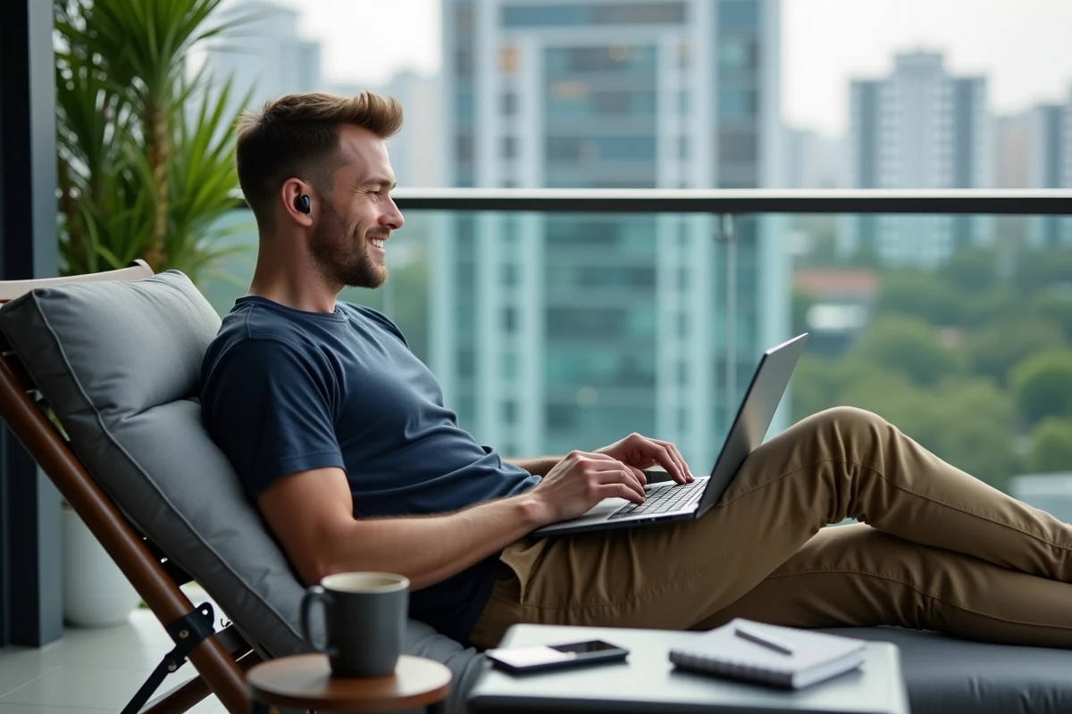 Homme détendu sur balcon avec ordinateur portable