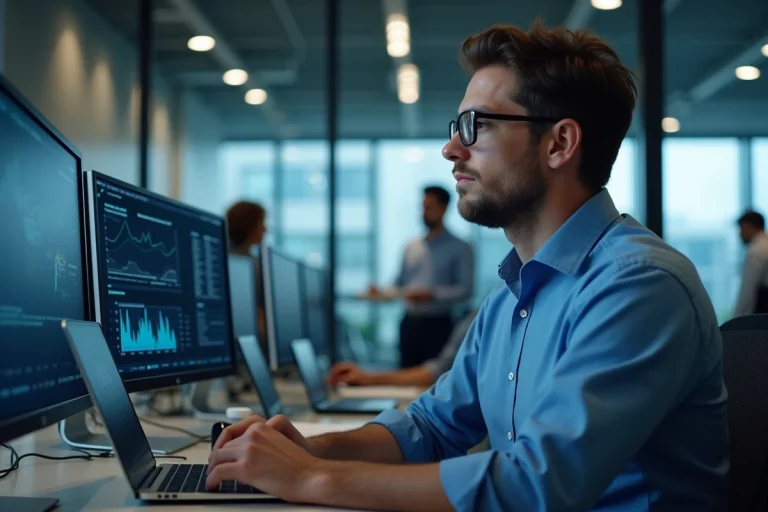 Homme concentré surveillant la cybersécurité au bureau