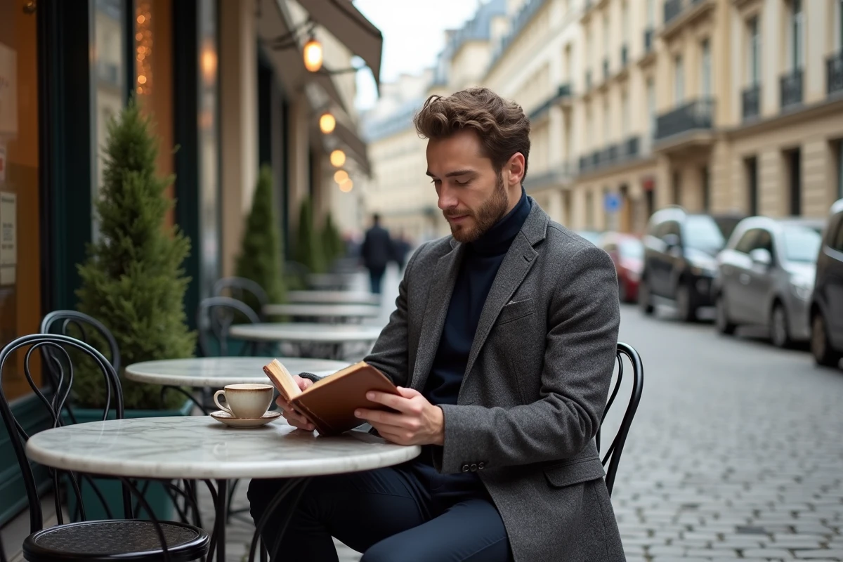 Homme stylé consultant un carnet de voyage en cuir sur une terrasse parisienne, élégance et raffinement en voyage