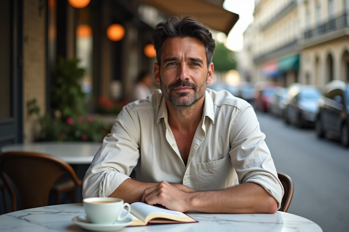 Homme cultivé et détendu attablé en terrasse de café parisien avec un livre et un espresso