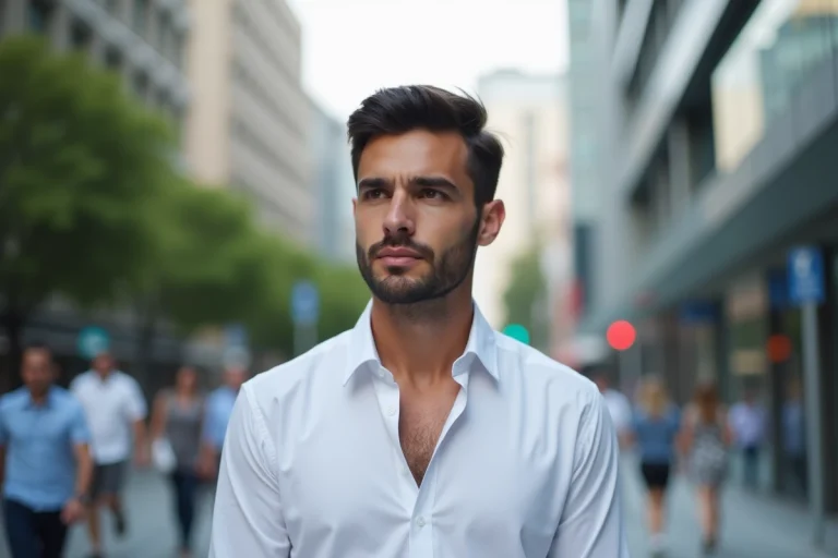 Homme en ville avec chemise blanche et regard pensif