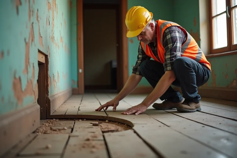 Inspecteur en bâtiment examinant un plancher en bois gondolé et fissuré dans une maison ancienne, signe avant-coureur d'effondrement imminent