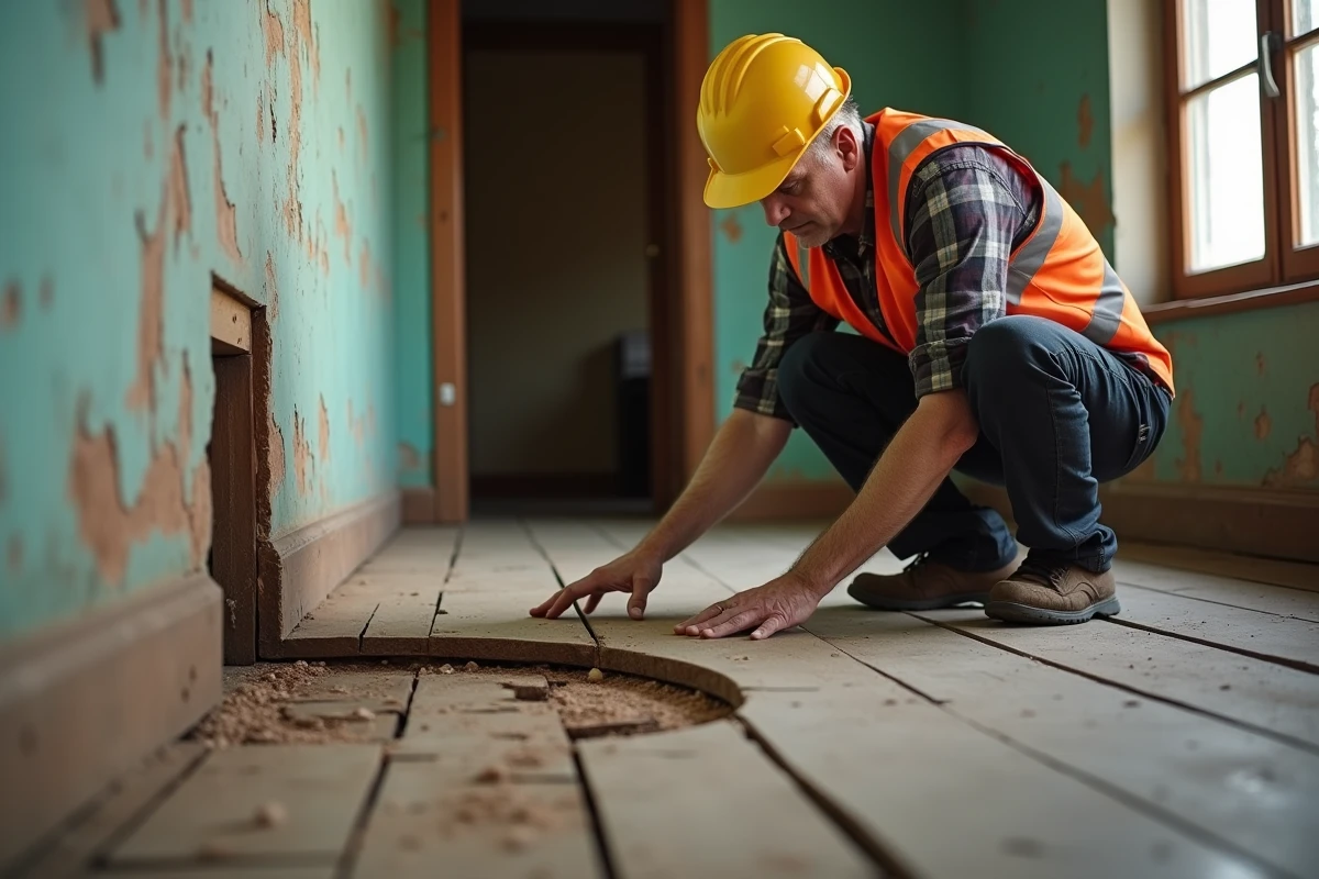 Inspecteur en bâtiment examinant un plancher en bois gondolé et fissuré dans une maison ancienne, signe avant-coureur d'effondrement imminent