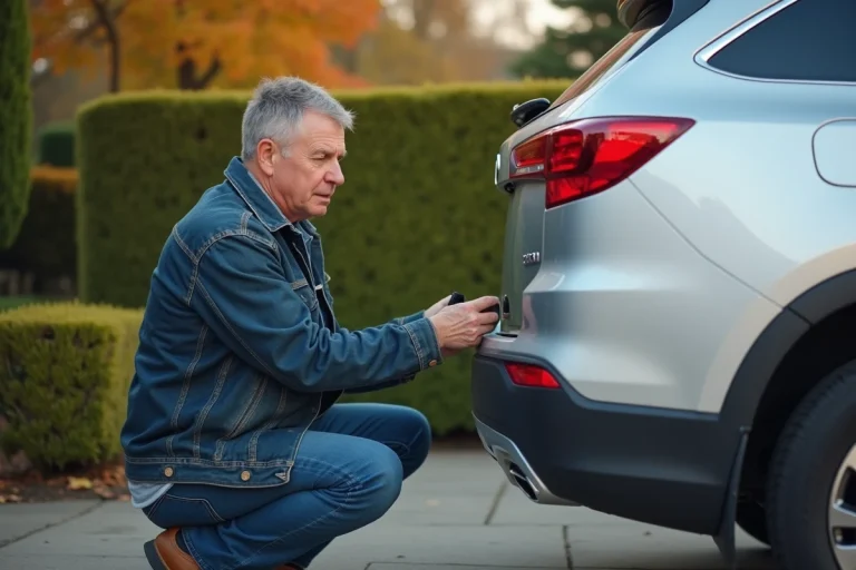 Homme installant une caméra de recul sur un SUV argenté