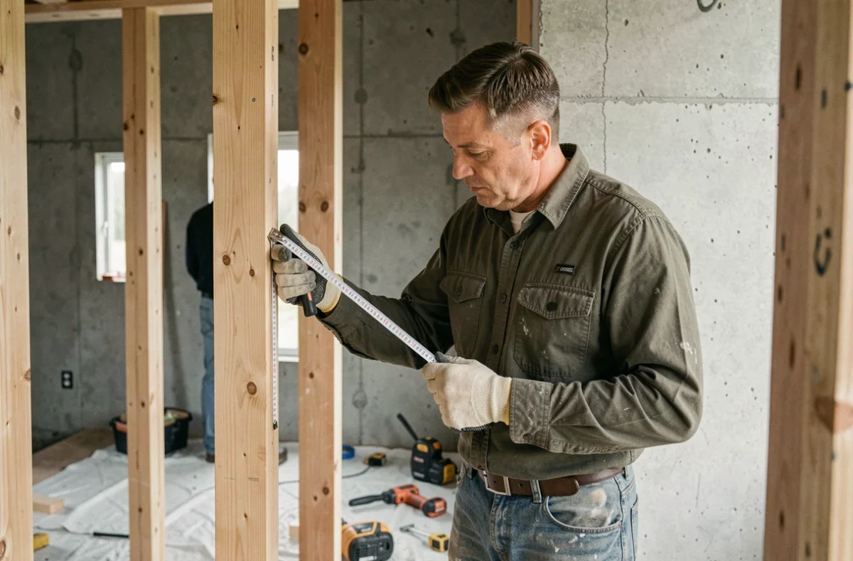 Artisan mesurant le cadre d'une porte d'entrée en bois brut lors d'une installation dans une maison en rénovation