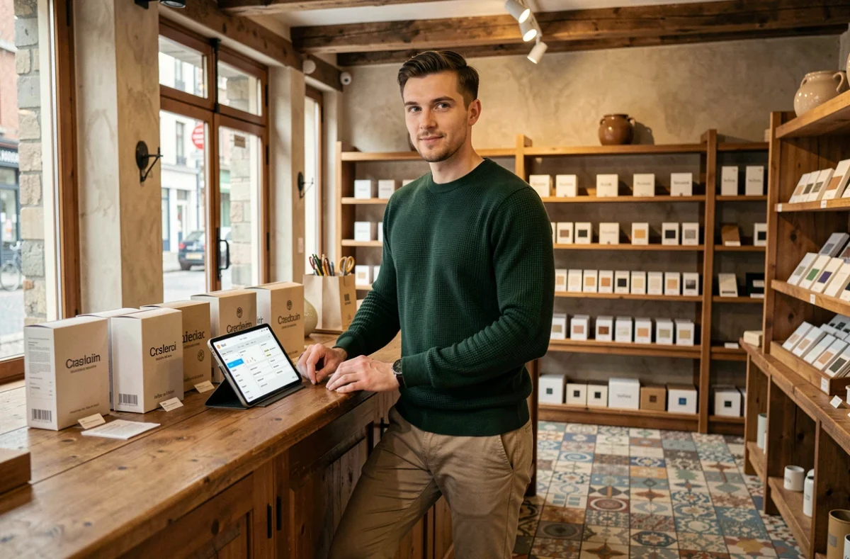 Jeune entrepreneur belge préparant l'ouverture de sa boutique artisanale en Belgique avec un tableau de bord de gestion d'entreprise sur tablette