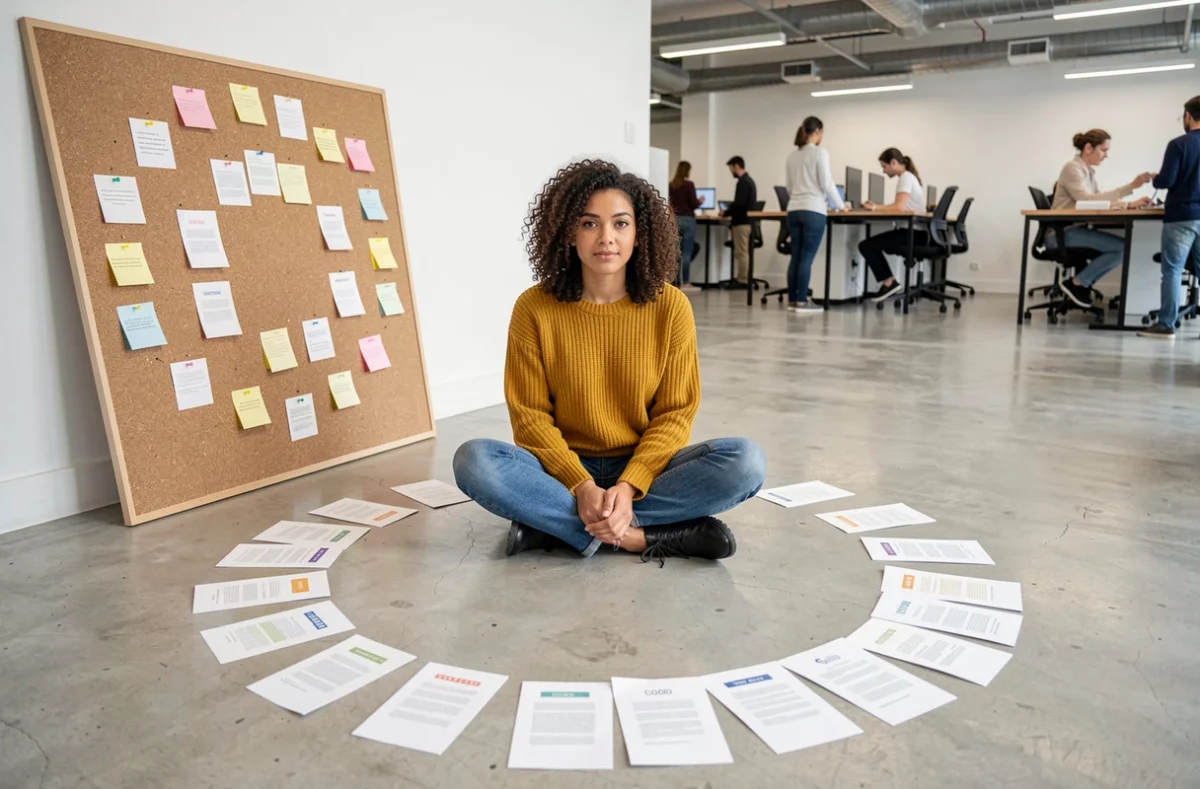 Jeune femme construisant un exemplier visuel sur le sol d'un espace de travail moderne, organisation de catégories d'exemples par codes couleur
