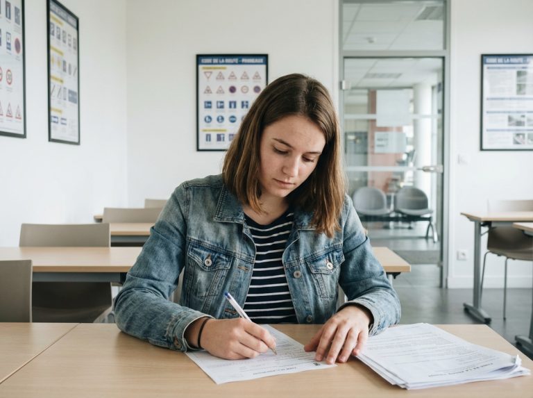 Jeune femme française en classe de conduite concentrée