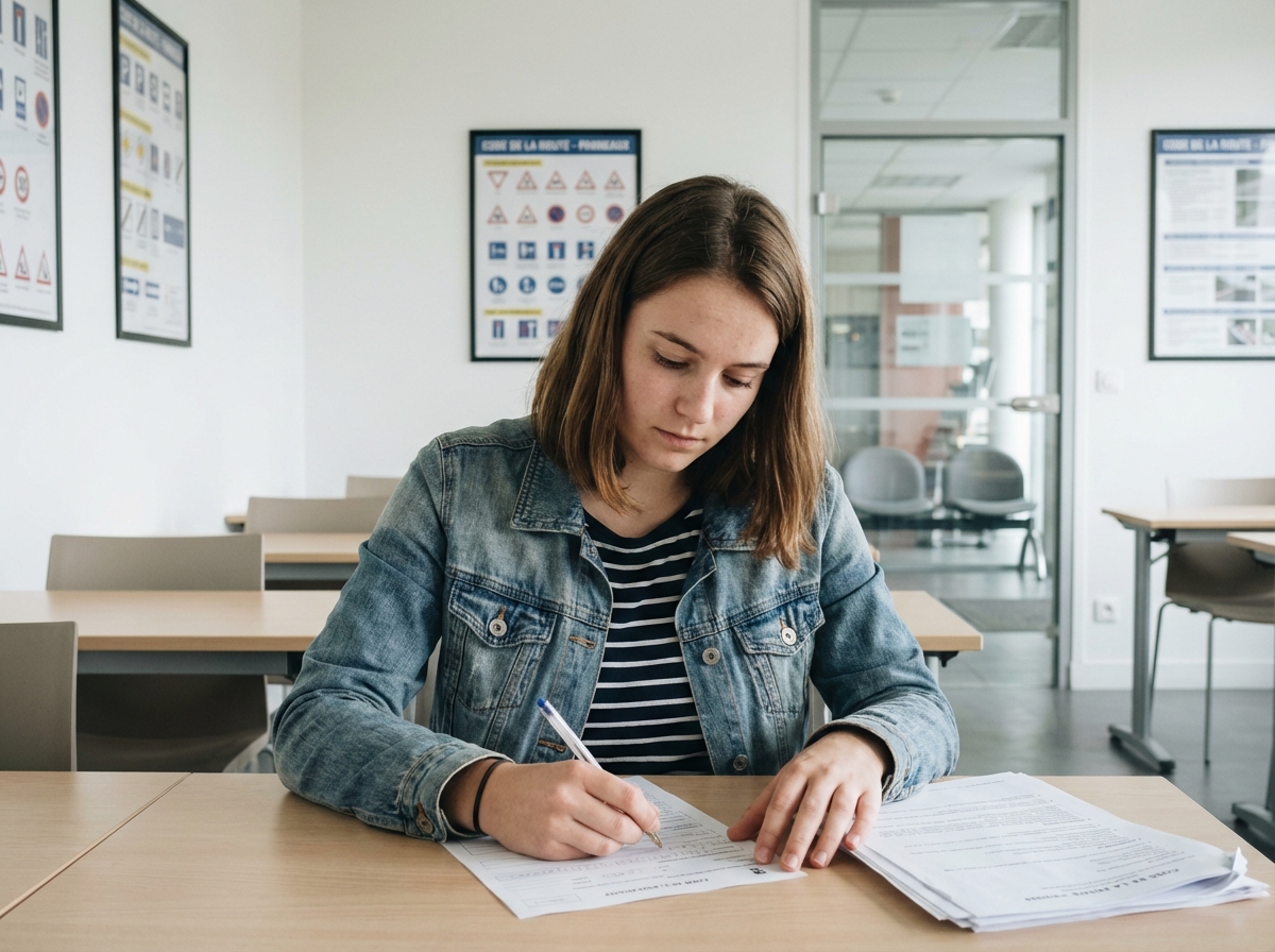 Jeune femme française en classe de conduite concentrée