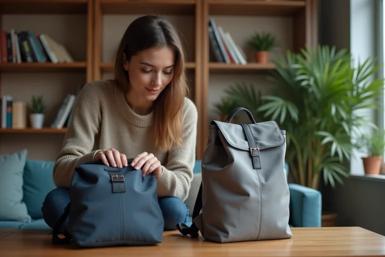 Jeune femme examine deux sacs à dos dans un salon cosy
