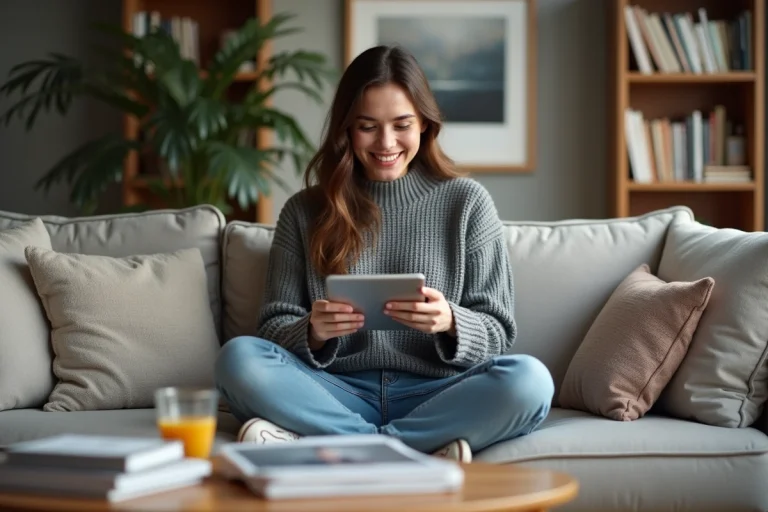 Jeune femme souriante avec tablette dans un salon cosy