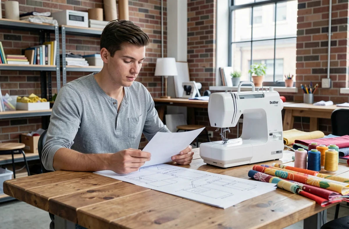 Jeune homme consultant un patron de couture à côté d'une machine Brother FS40 dans un espace créatif