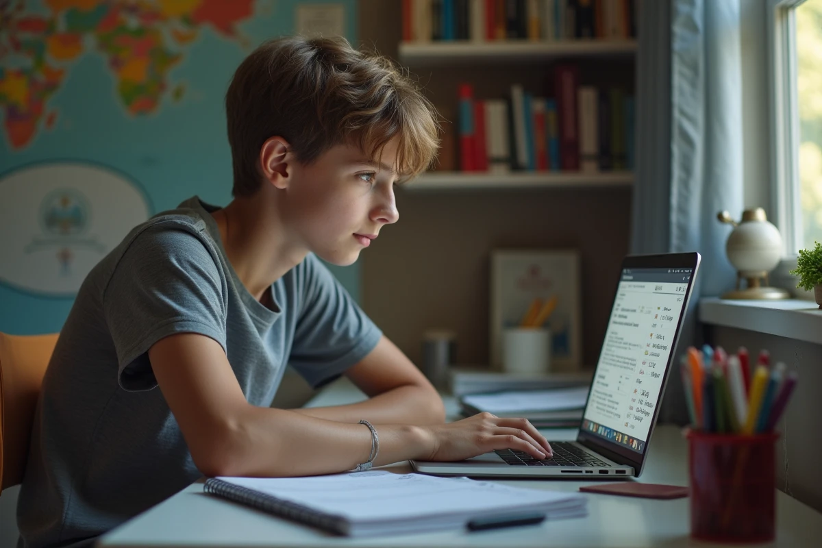 Lycéen de seconde qui analyse son bulletin scolaire sur un ordinateur portable dans sa chambre à la maison