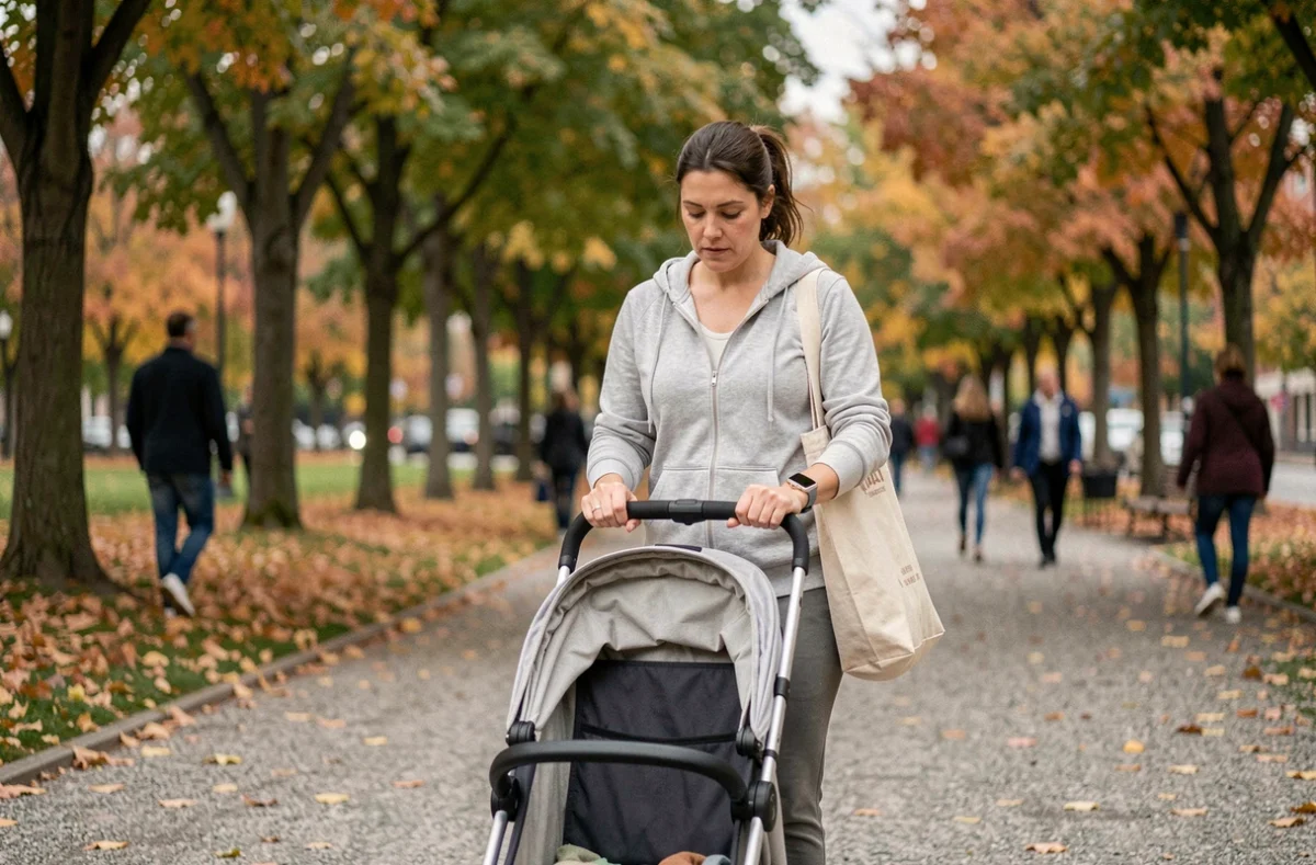 Maman active en tenue de sport promenant son bébé en poussette dans un parc urbain en automne