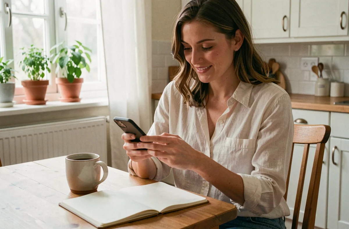 Maman moderne assise dans sa cuisine en train de lire les actualités sur son smartphone avec un café et un carnet