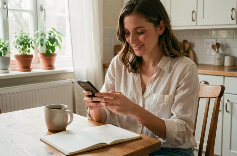 Maman moderne assise dans sa cuisine en train de lire les actualités sur son smartphone avec un café et un carnet