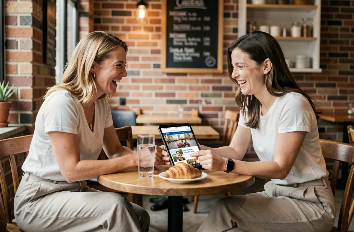 Deux mamans amies partageant des tendances et actualités sur une tablette dans un café branché
