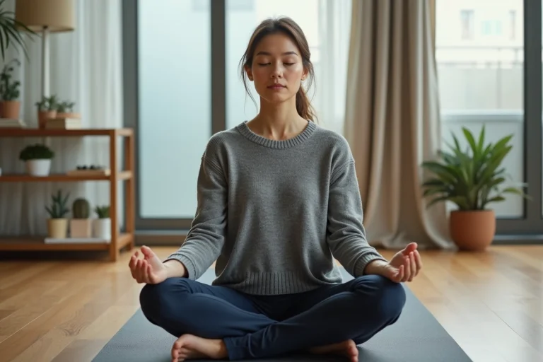 Professionnelle en tenue décontractée pratiquant la méditation dans un espace bien-être d'entreprise moderne