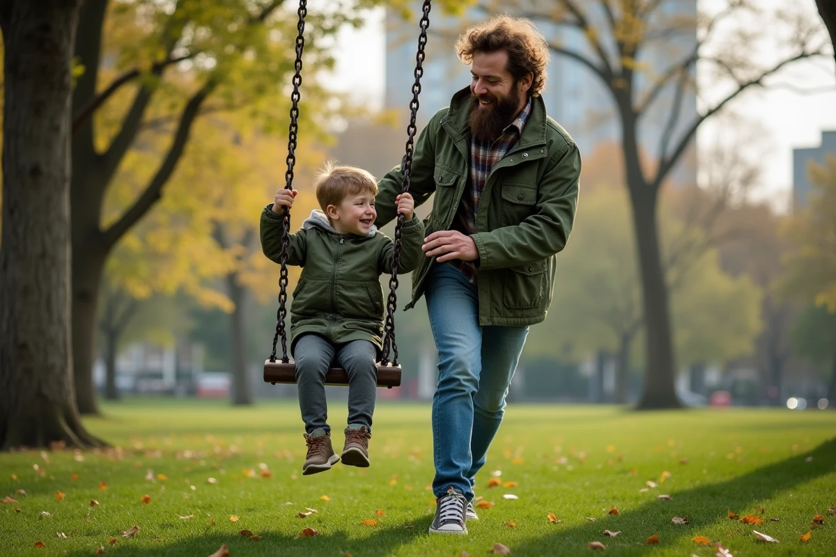 Père avec son fils sur une balançoire dans un parc verdoyant
