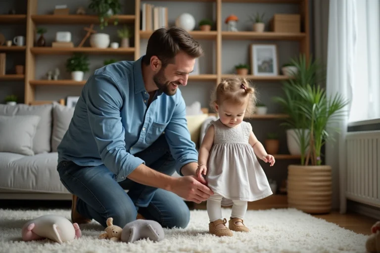 Père souriant aidant sa fille à nouer ses chaussures dans un salon chaleureux