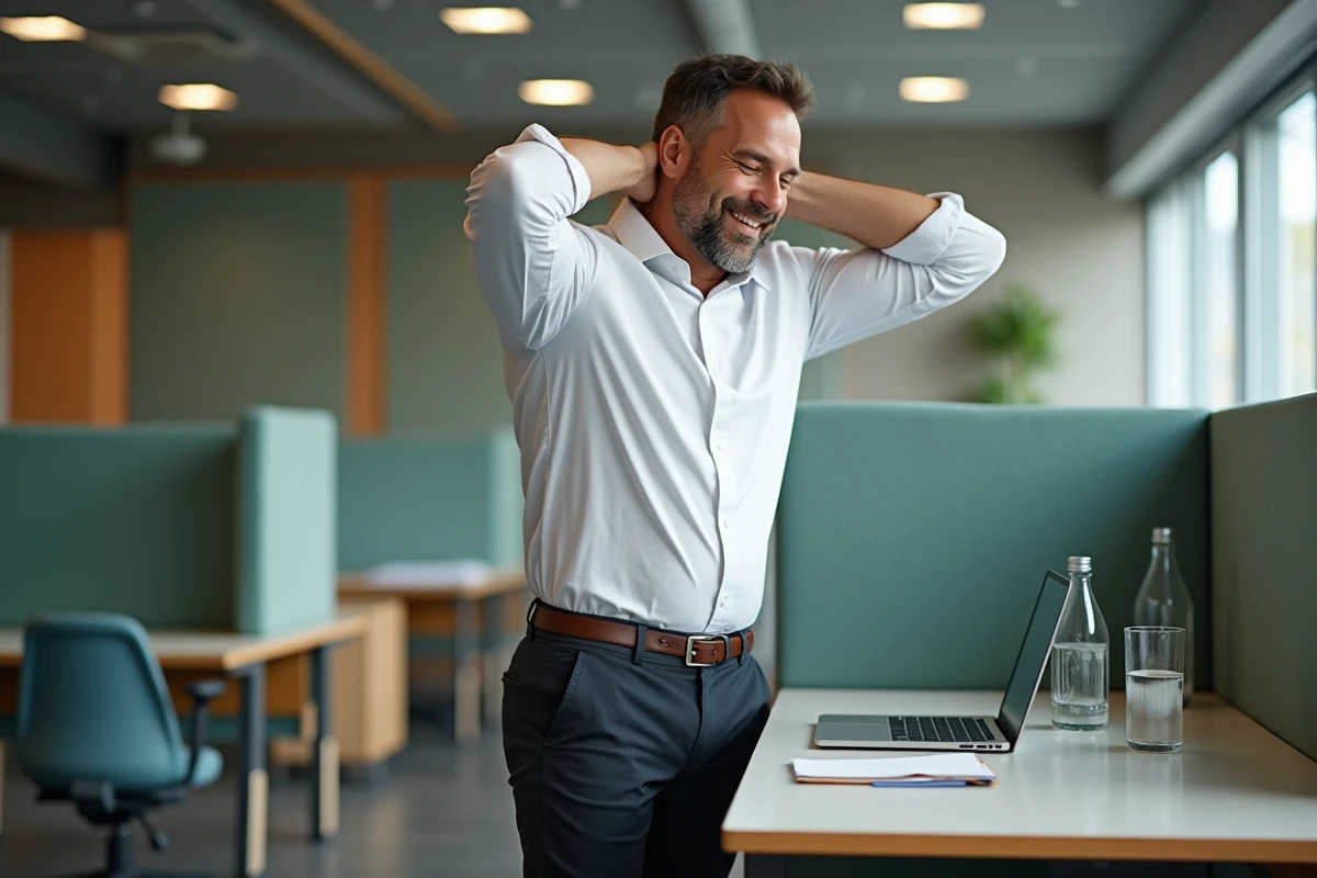 Homme en entreprise pratiquant une pause étirement à son bureau réglable en hauteur pour réduire le stress au travail
