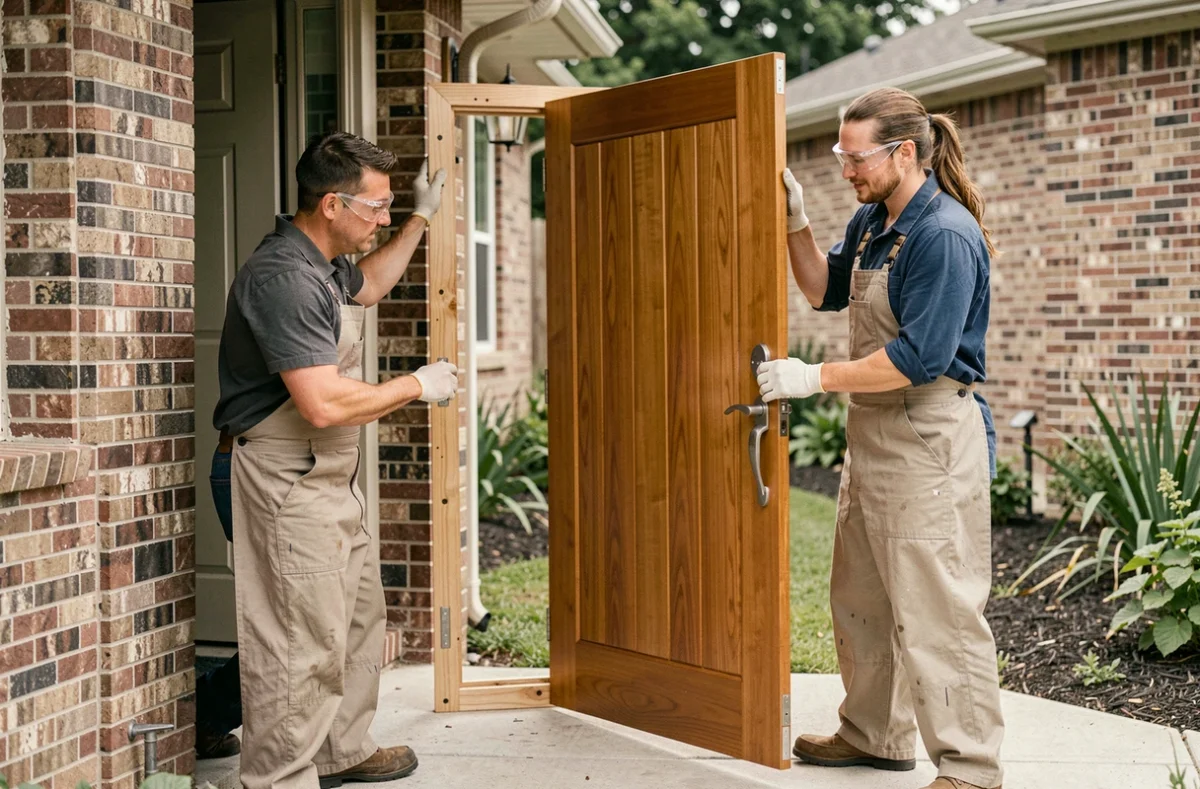 Deux professionnels positionnant une porte d'entrée en bois dans son cadre lors d'une installation extérieure