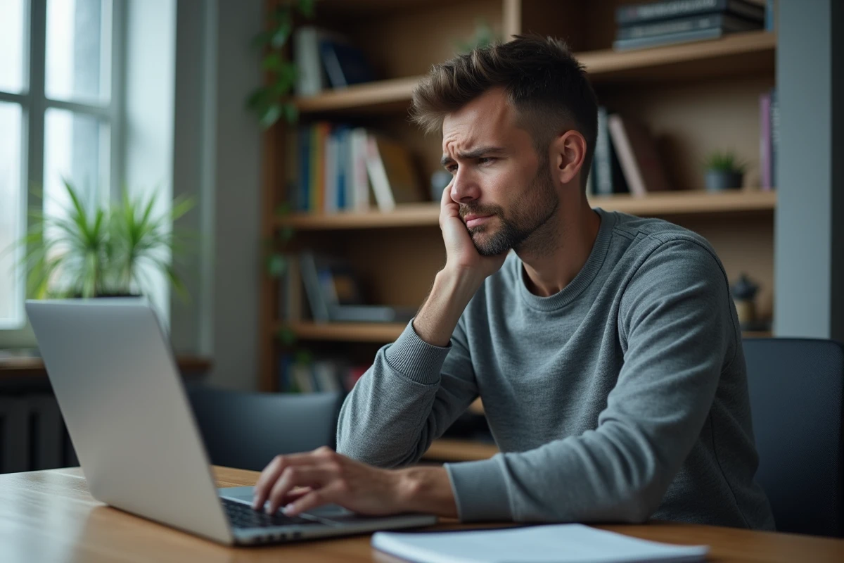 Homme frustré devant un message d'erreur de connexion sur son ordinateur portable dans un bureau à domicile moderne