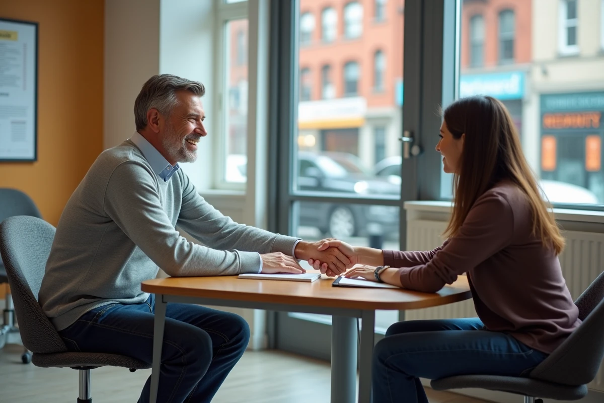 Homme serrant la main d’un conseiller en emploi dans une salle d’attente