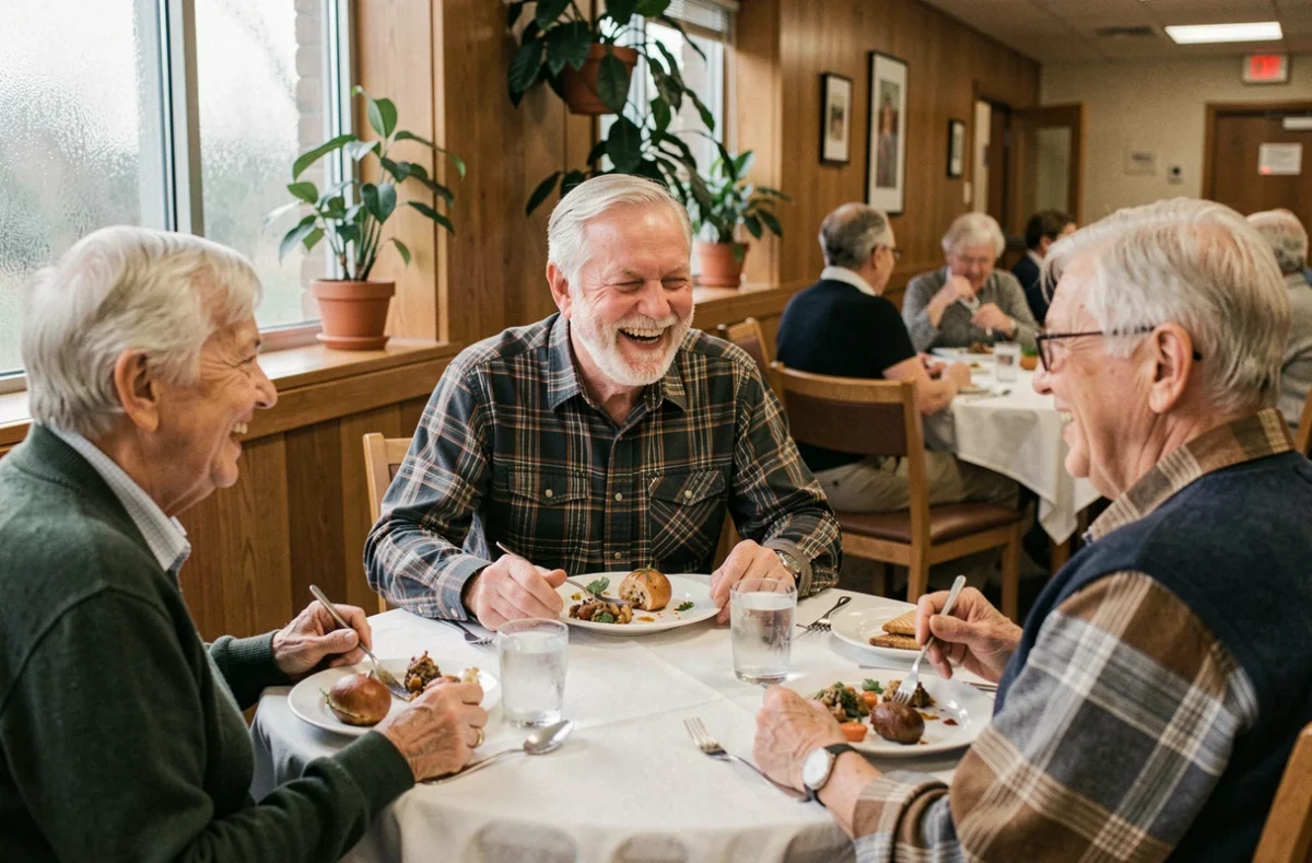 Un homme âgé partage un repas convivial avec d'autres résidents dans la salle à manger d'une maison de retraite, illustrant la vie sociale en établissement.