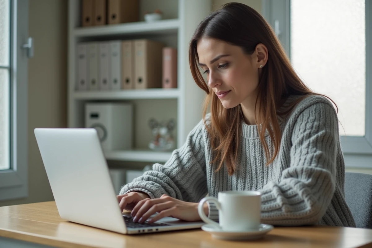 Femme concentrée résolvant un problème de connexion sur son ordinateur portable au bureau à domicile