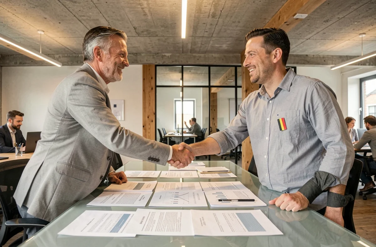 Deux entrepreneurs en réunion d'affaires autour d'un plan de développement d'entreprise dans un espace de coworking belge moderne