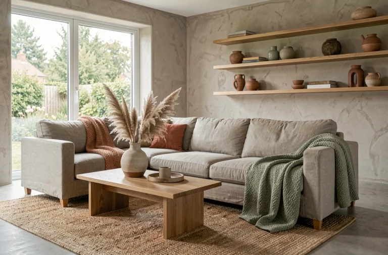 Salon scandinave moderne décoré avec des tendances actuelles : canapé en lin, table basse en chêne, vase en céramique et herbes de la pampa séchées
