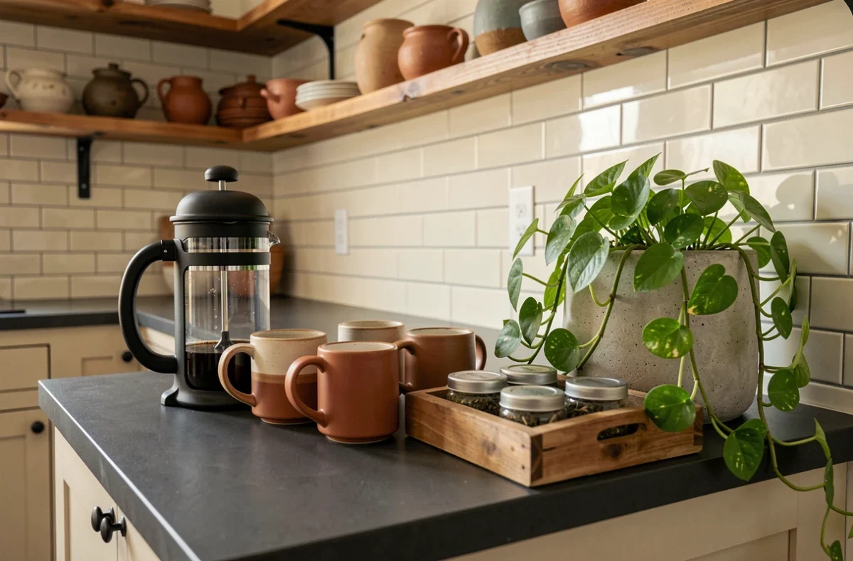 Station café et thé stylisée sur un comptoir de cuisine avec mugs en céramique, plateau en bois et plante verte dans une maison tendance