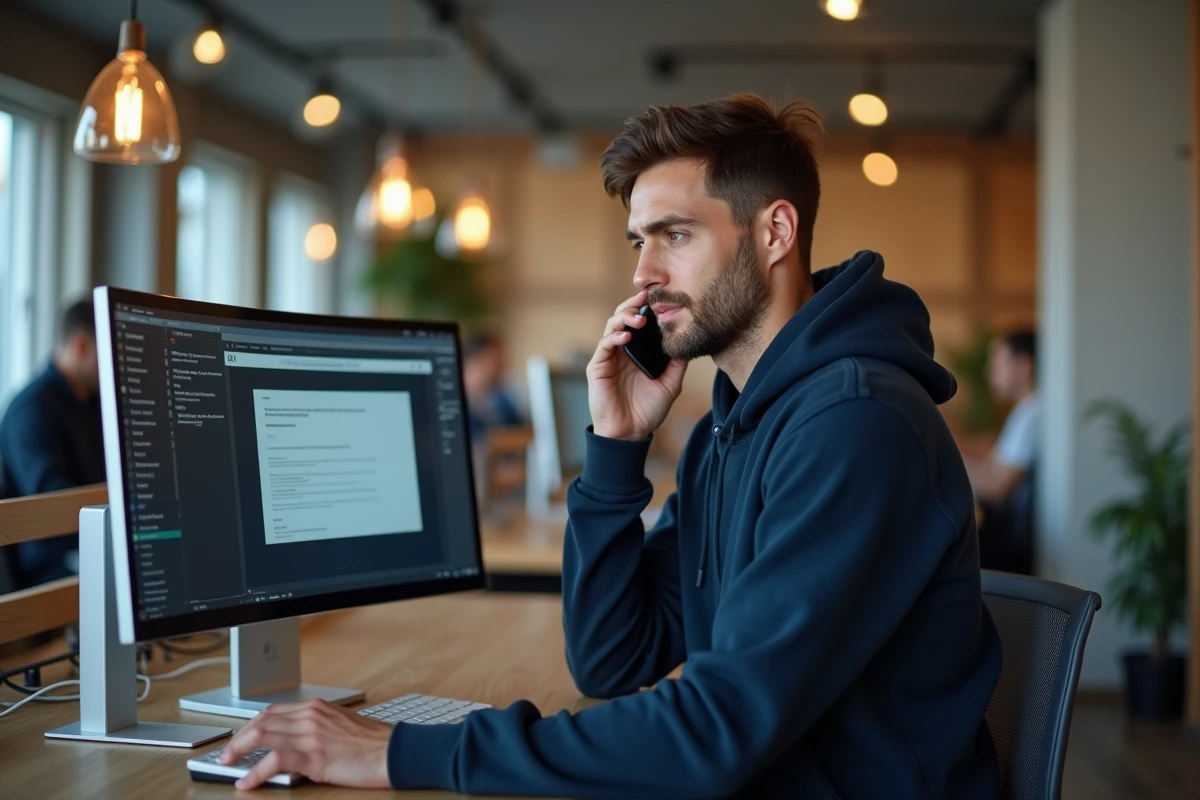 Jeune homme contactant le support client par téléphone pour résoudre un problème de connexion dans un espace de coworking