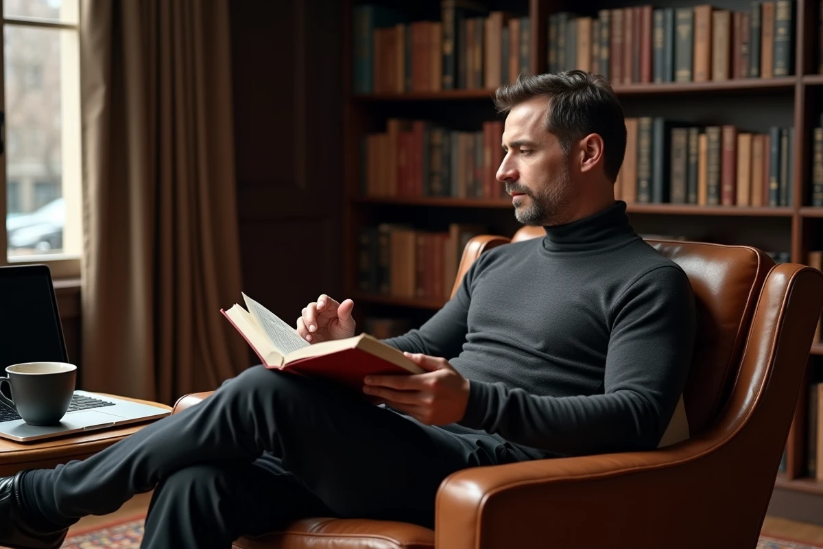 Entrepreneur reconnu assis dans une bibliothèque privée reflétant sa réussite financière et intellectuelle