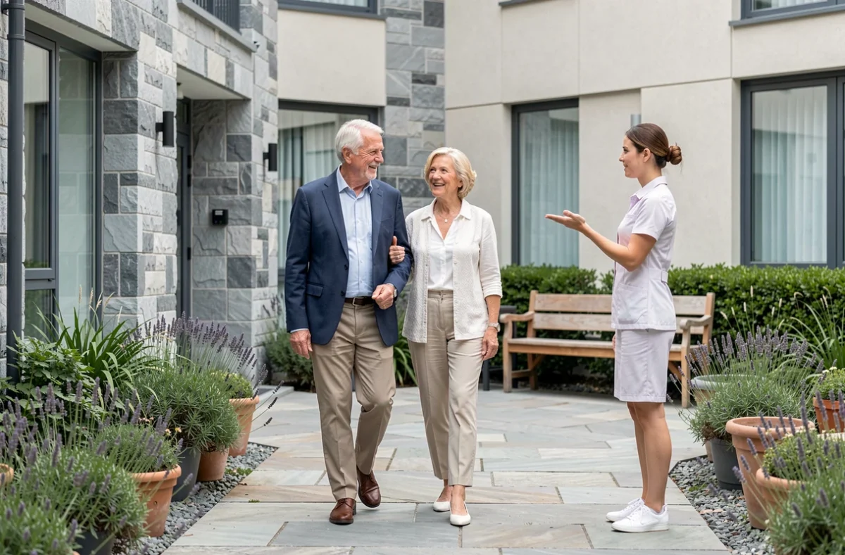 Un couple de seniors visite la cour extérieure d'une résidence pour personnes âgées, accompagné d'une conseillère de l'établissement.
